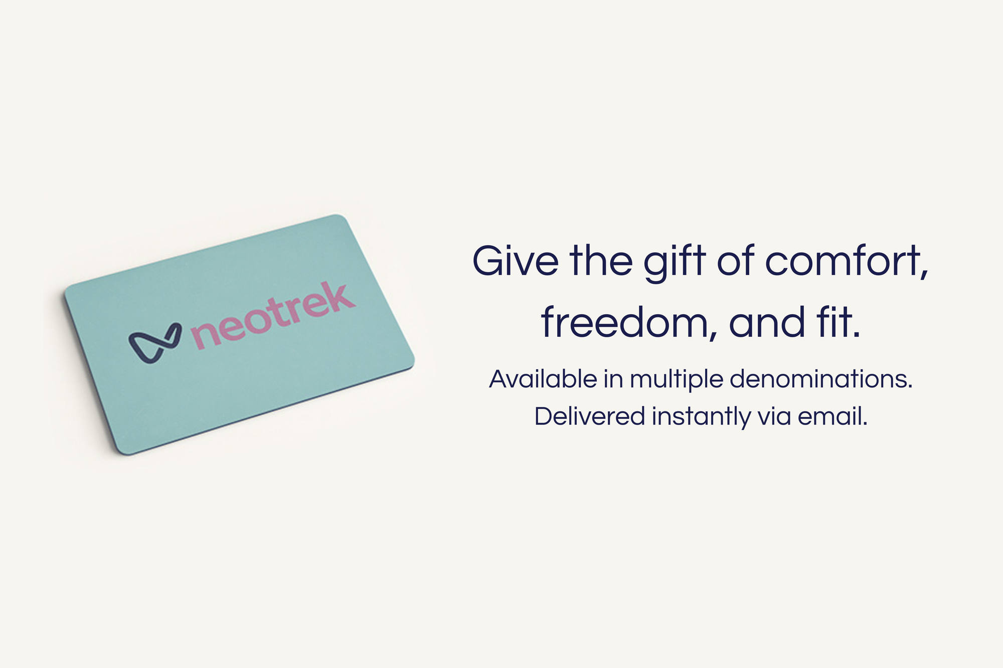 Neotrek gift card on a white background with promotional text.